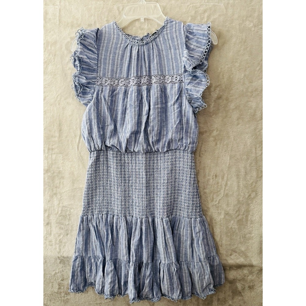 Aqua Cotton Smocked Mini Dress Size Large Flutter‎ Cap Sleeves, Tiered Hem Lined